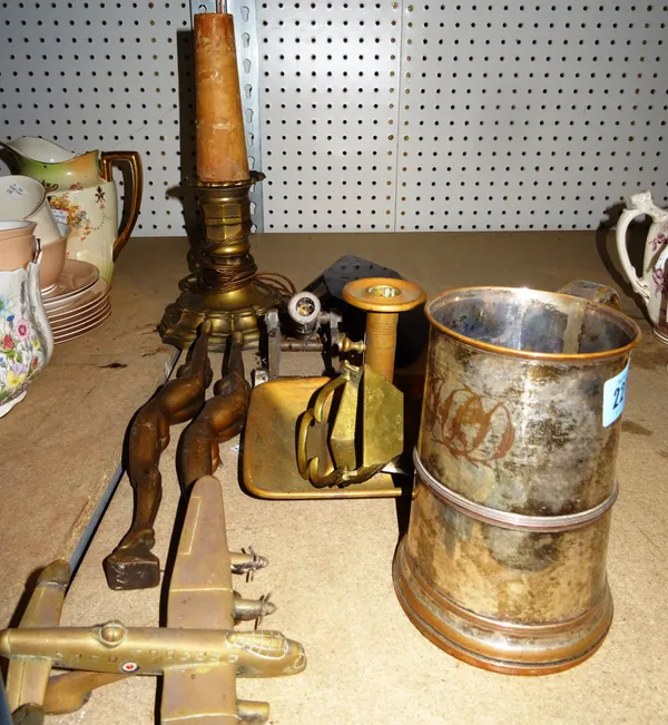 Metalwork collectables, including; a miniature cannon, a pair of Art Deco figural supports, miniature bronze font, chamber stick and sundry, (qty).