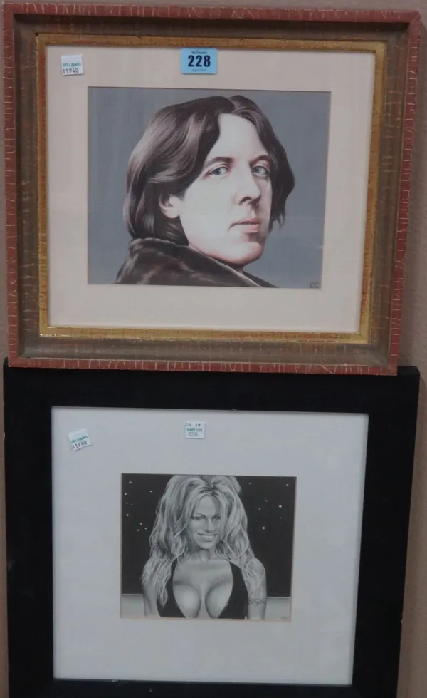 E. Collet (20th century), Oscar Wilde, watercolour, signed with initials, 18cm x 21cm; together with a further pencil drawing of Pamela Anderson by th