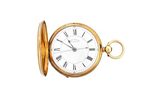 An 18ct gold cased, key wind, hunting cased gentleman's pocket watch, the gilt three quarter plate jewelled movement detailed John Graham, Liverpool N