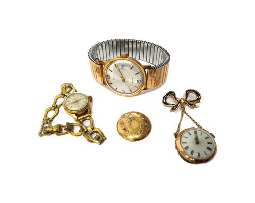A lady's two colour gold cased pendant fob watch, with a gilt cylinder movement, gold inner case, the enamelled dial with black Roman numerals, the tw