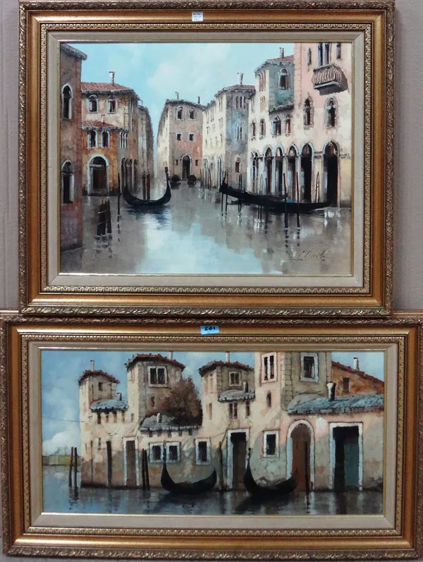 Guldo Borelli (b.1952), Venetian Backwaters, two, oil on canvas, both signed, the larger 29cm x 60cm, (2).  A3