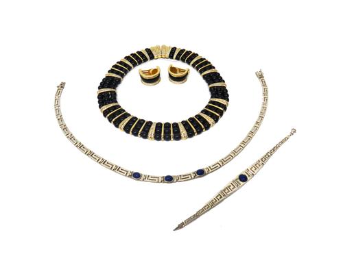 A Christian Dior gilt metal, colourless paste set and black glass bead collar necklace, in a three row design, with gilt metal mounted colourless past