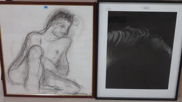 A charcoal drawing of a nude, signed Valerie, and three monochrome photographic prints, (4). A3