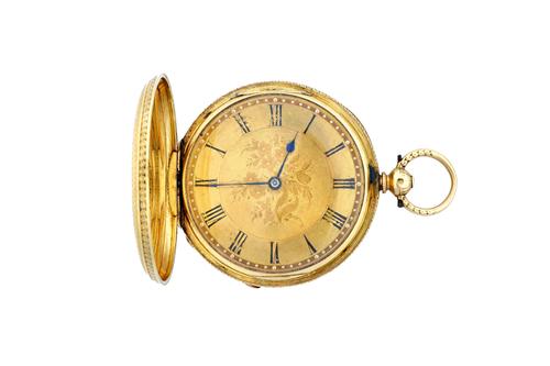 An 18ct gold key wind hunting cased fob watch, with a three quarter plate gilt lever movement, detailed Patent Chronometer No 1392, 18ct gold inner ca
