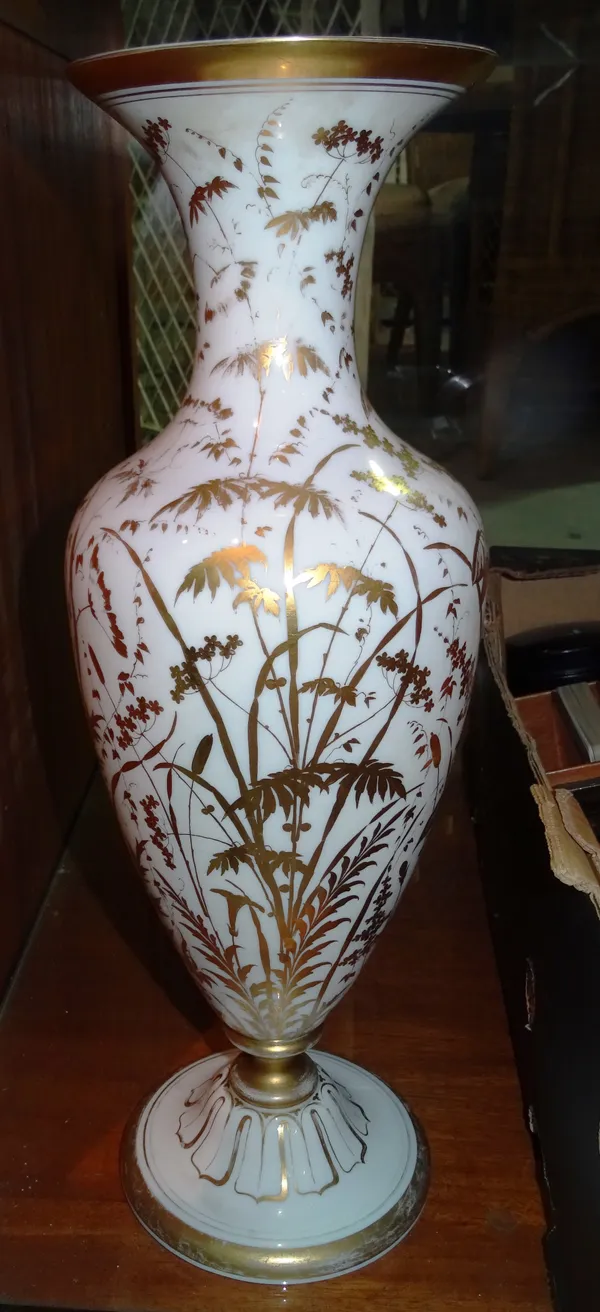 A 20th century opalescent glass vase, with gilt painted decoration, 44cm high.  CAB