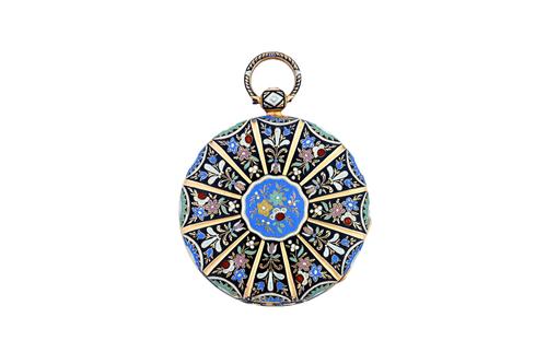A gold and enamelled pendant circular locket, as converted from a 19th century fob watch case, the enamelled floral decoration within an arcaded borde