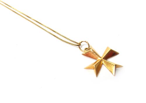 A gold Maltese cross shaped pendant detailed C. 18, with a gold box link neckchain, on a boltring clasp, detailed 750, combined weight 8.6 gms. (2)