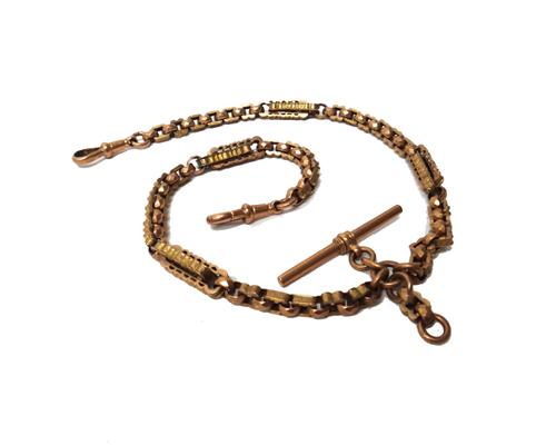 A gold watch Albert chain, in a faceted circular, shaped rectangular and twin bar link design, fitted with a gold T bar detailed 9C, and with two gold