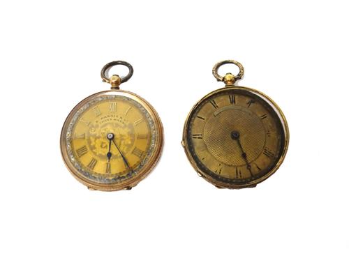 A lady's gold cased key wind open faced fob watch, with a gilt cylinder movement, base metal inner case, the decorated gilt dial with gilt Roman numer