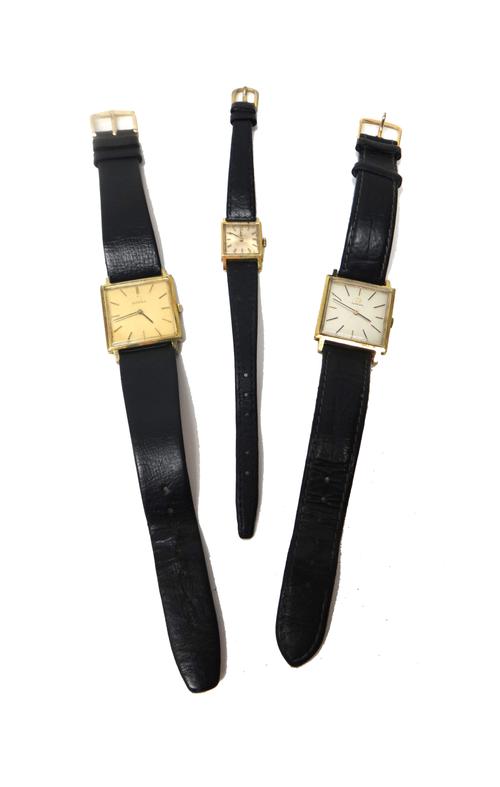 An Omega gilt metal fronted and steel backed square cased wristwatch, the signed gilt dial with baton numerals, the case back inscribed and detailed 3