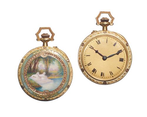 A gold cased, enamelled and diamond set keyless wind, openfaced lady's fob watch, with a gilt jewelled movement, detailed Swiss Made 18 Jewels, gold i