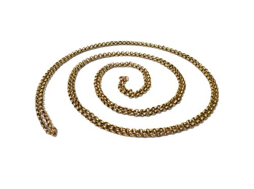 A gold circular link long guard chain, detailed 9CT (the swivel lacking), length 155cm, weight 12.2 gms.