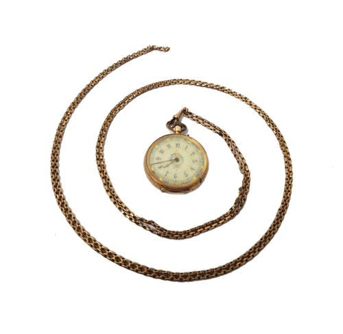 A gold cased, keyless wind, openfaced fob watch, with an unsigned gilt cylinder movement, base metal inner case, the decorated enamelled dial with blu