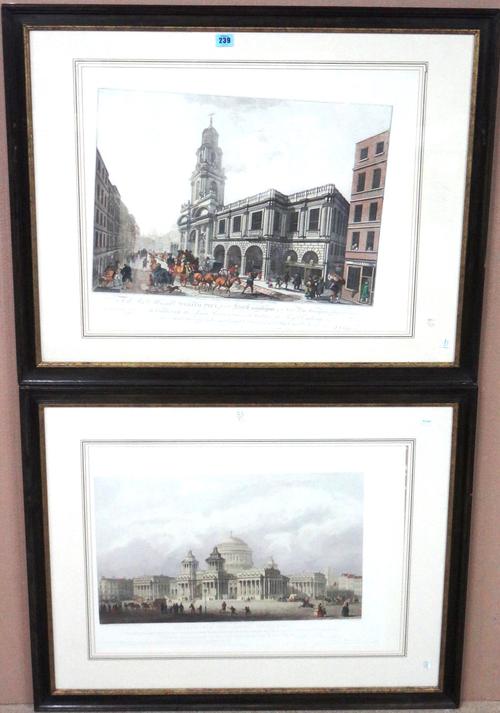 After J. W. Paine, Design for the Royal Exchange; After J. Chapman, View of the outside of the Royal Exchange, two engravings with hand colouring, the