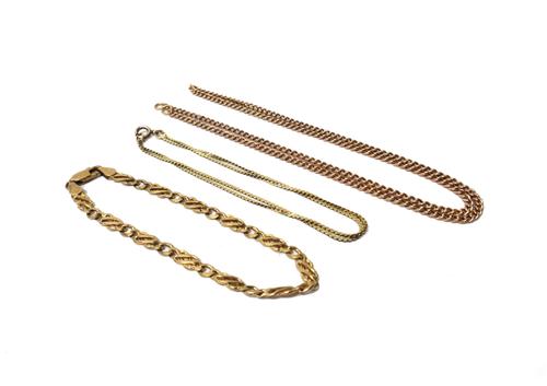 A 9ct gold interwoven link bracelet, on a sprung hook shaped clasp, a gold two row flat link bracelet, on a boltring clasp, detailed 585 and a gold ho