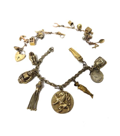 A gold charm bracelet, in two sections, fitted with fifteen charms, including a Union Jack flag, an anchor, a spoon and a football, gross weight 15.3