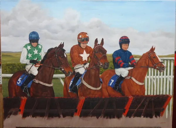 Wendy Goodwright (1945-2011), Horses and jockeys at the start, oil on canvas, signed and dated 2010, unframed, 60cm x 80cm.  CAB