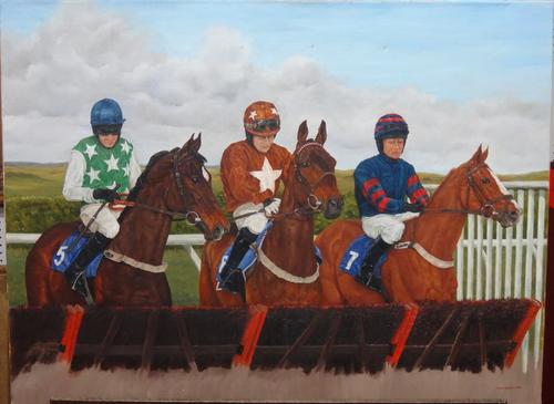 Wendy Goodwright (1945-2011), Horses and jockeys at the start, oil on canvas, signed and dated 2010, unframed, 60cm x 80cm.  CAB