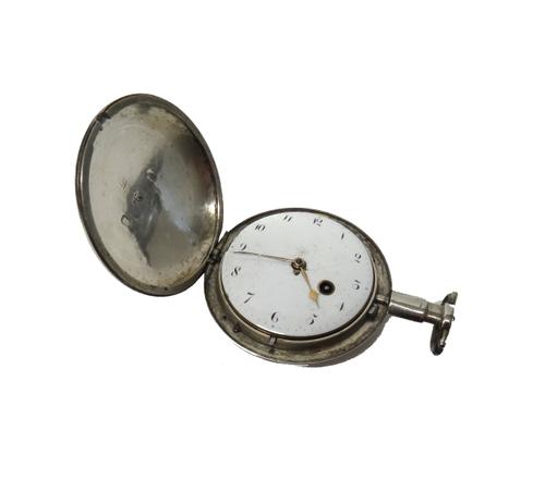 A George III  Irish silver hunting cased, key wind pocket watch, the gilt fusee lever movement detailed to the back plate John Dalrymple, Dublin 1228,