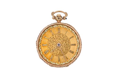 An 18ct gold cased, key wind, openfaced fob watch, with a gilt fusee movement, the backplate detailed No 4665, 18ct gold inner case, the scroll engrav