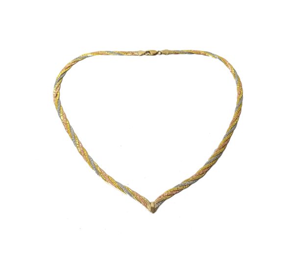 A 9ct three colour gold flat link necklace, with a sprung hook shaped clasp, weight 10 gms, with a case.