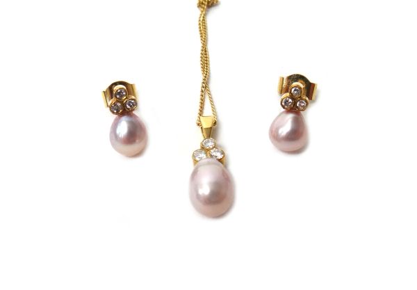 A gold, diamond and freshwater cultured pearl pendant, mounted with three circular cut diamonds, above a pink tinted cultured pearl, on an 18ct gold n