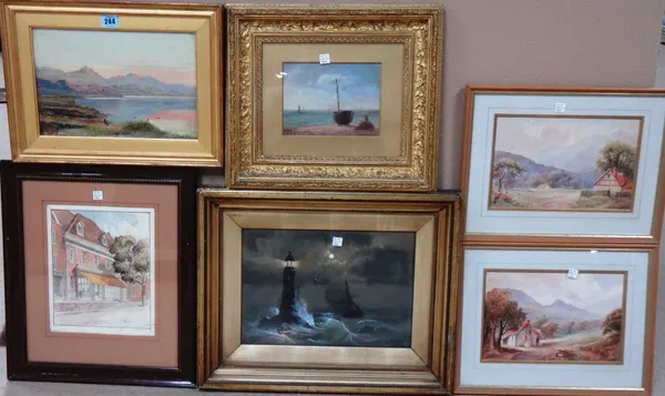 A group of six, including an oil of a loch scene, a watercolour view of a shop front signed Tester, a watercolour of a lighthouse by moonlight by W. E