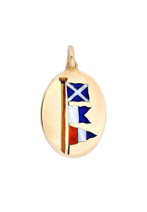 A gold and enamelled oval pendant, the front enamelled with a row of three signalling flags and detailed to the back 'I AM ENGAGED' and 15, length 2.1