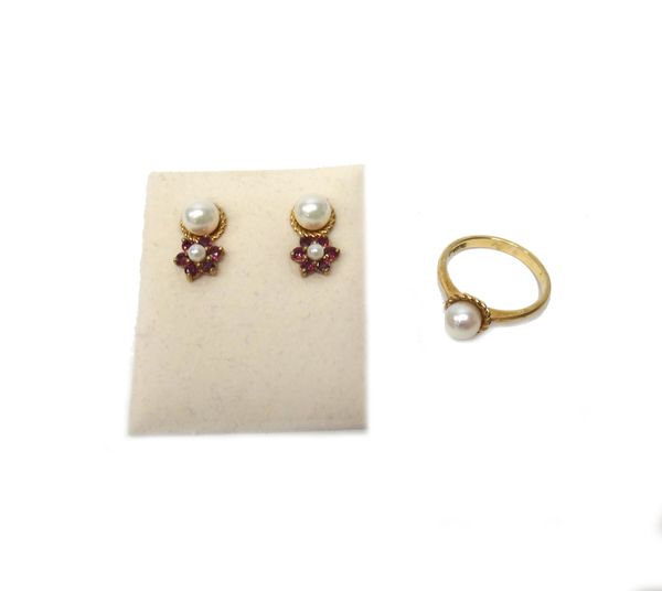 A pair of ruby and diamond cluster earstuds, the backs with post and butterfly clip fittings, a 9ct gold ring, mounted with a single cultured pearl an