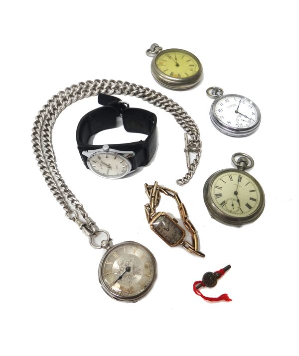 A silver cased, key wind, openfaced fob watch, Chester 1893, with a key, a silver graduated curb link double Albert chain, fitted with a silver T bar