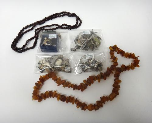 A collection of silver and other jewellery, comprising; thirteen rings, a gilt filigree bracelet, six brooches, a group of pendants and charms, some h