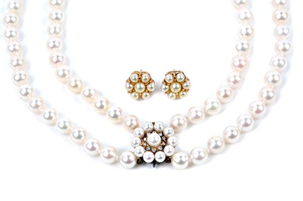 A two row necklace of uniform cultured pearls, on a 9ct gold, diamond and cultured pearl set circular cluster clasp and a pair of 9ct gold and culture