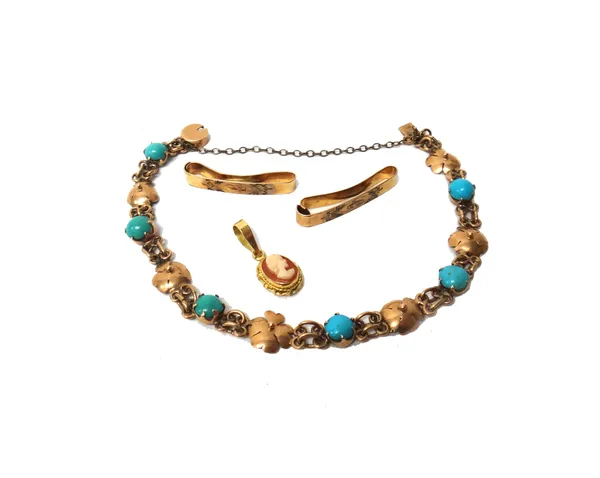 A gold and turquoise set bracelet, formed as a row of flowerhead motifs, alternating with circular turquoise, on a snap clasp, a gold mounted oval she