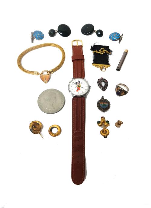 A pair of pale blue enamelled cufflinks, having spiral decoration, a pair of green agate cufflinks, a gilt metal bracelet, a Mickey Mouse wristwatch,