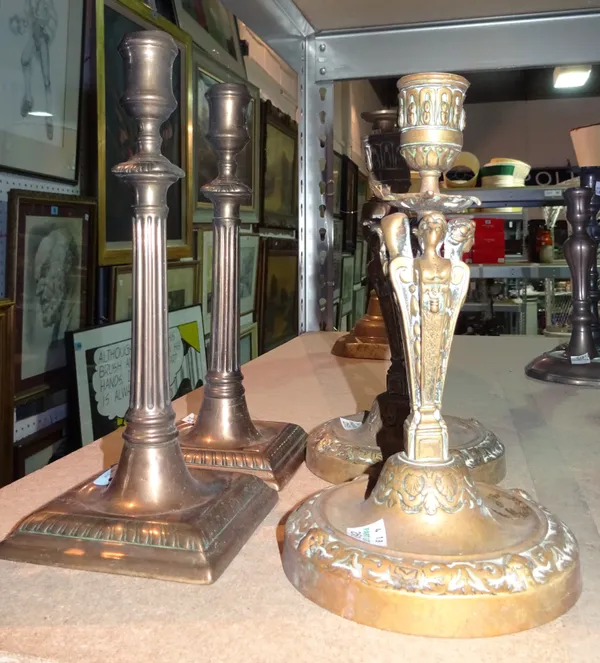 A pair of Queen Anne style bronze candlesticks, and a pair of reeded candlesticks, tallest 24cm (4).   S3T