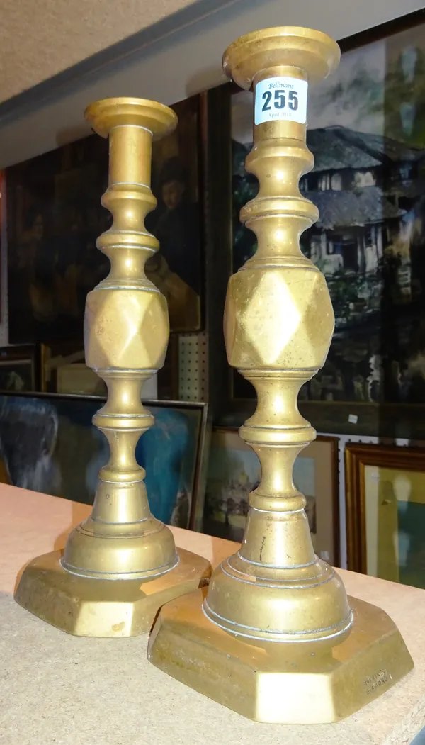 A pair of brass Victorian ejector candlesticks, 31cm tall (2).  S3T