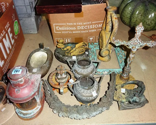 Metalware collectables, including; embossed copper bowl, floral moulded bronze swags, door knockers, Egyptian revival furniture mount and sundry, (qty