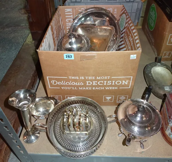 Silver plated wares, including; pierced circular baskets, a teapot, a milk jug, a vase and sundry, (qty).   S2B