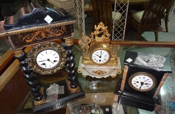 A group of three 19th century clocks including a Portico, a slate cased and a gilt metal mounted example, (3).   CAB
