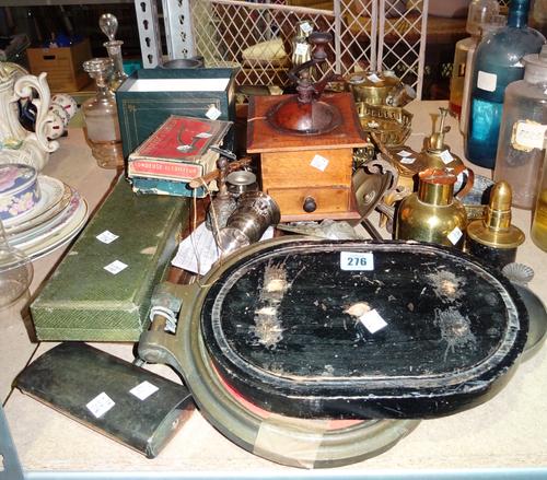 Collectables, including; a pair of brass candlesticks, a port hole, boxed salad servers and sundry, (qty).  S2M