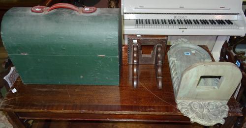 Two wooden clock wall hanging brackets and a green sewing machine case, (3).  J3
