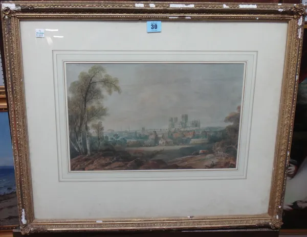 Follower of Thomas Girtin, View of a cathedral city, possibly York, watercolour, 25cm x 40cm.  L1