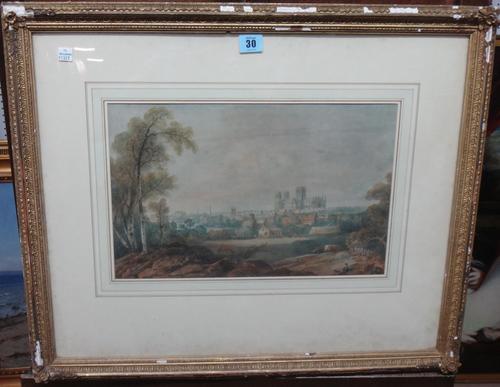 Follower of Thomas Girtin, View of a cathedral city, possibly York, watercolour, 25cm x 40cm.  L1