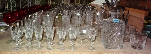 Glassware, including; red hock wine glasses, decanters, cut glass and sundry, (qty).  S2T