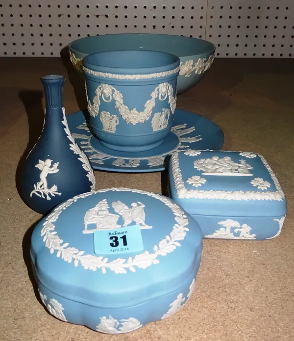 Ceramics; including, Wedgwood blue jasperware items, a bowl, vase, plate, box and sundry, (qty).   S4T