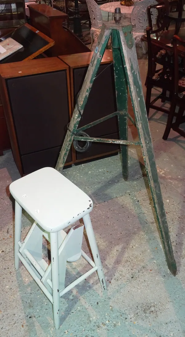 A 20th century green painted rustic tripod standard lamp and a grey painted metamorphic stool, (2). I1