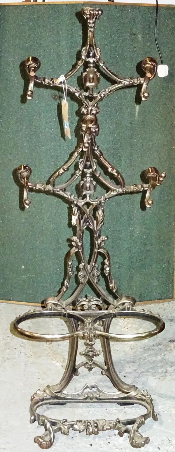 A 20th century cast iron Coalbrookdale style hall stand with five hanging hooks and twin division stick stand, (a.f), (2).  I4