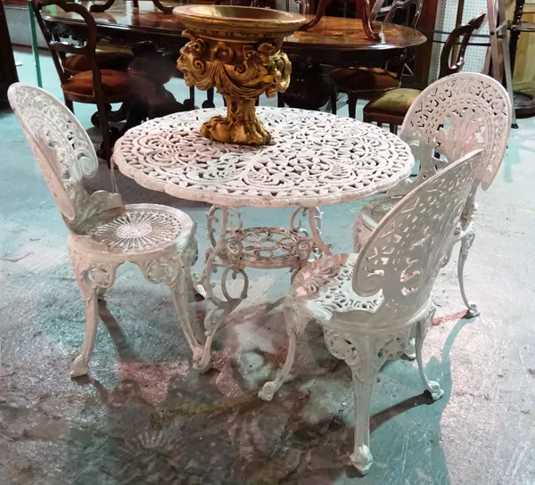 A 20th century white painted composite metal garden table with three matching chairs, 90cm wide x 67cm high, (4).  G8