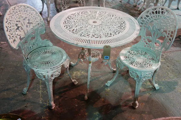 A 20th century white painted composite metal garden table with two matching chairs,, 80cm wide x 72cm high, (3).   H7