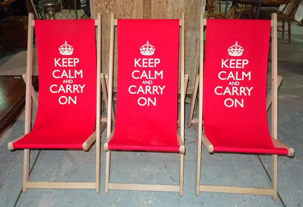'Keep Calm and Carry On' three matching folding deck chairs, (3).  F4